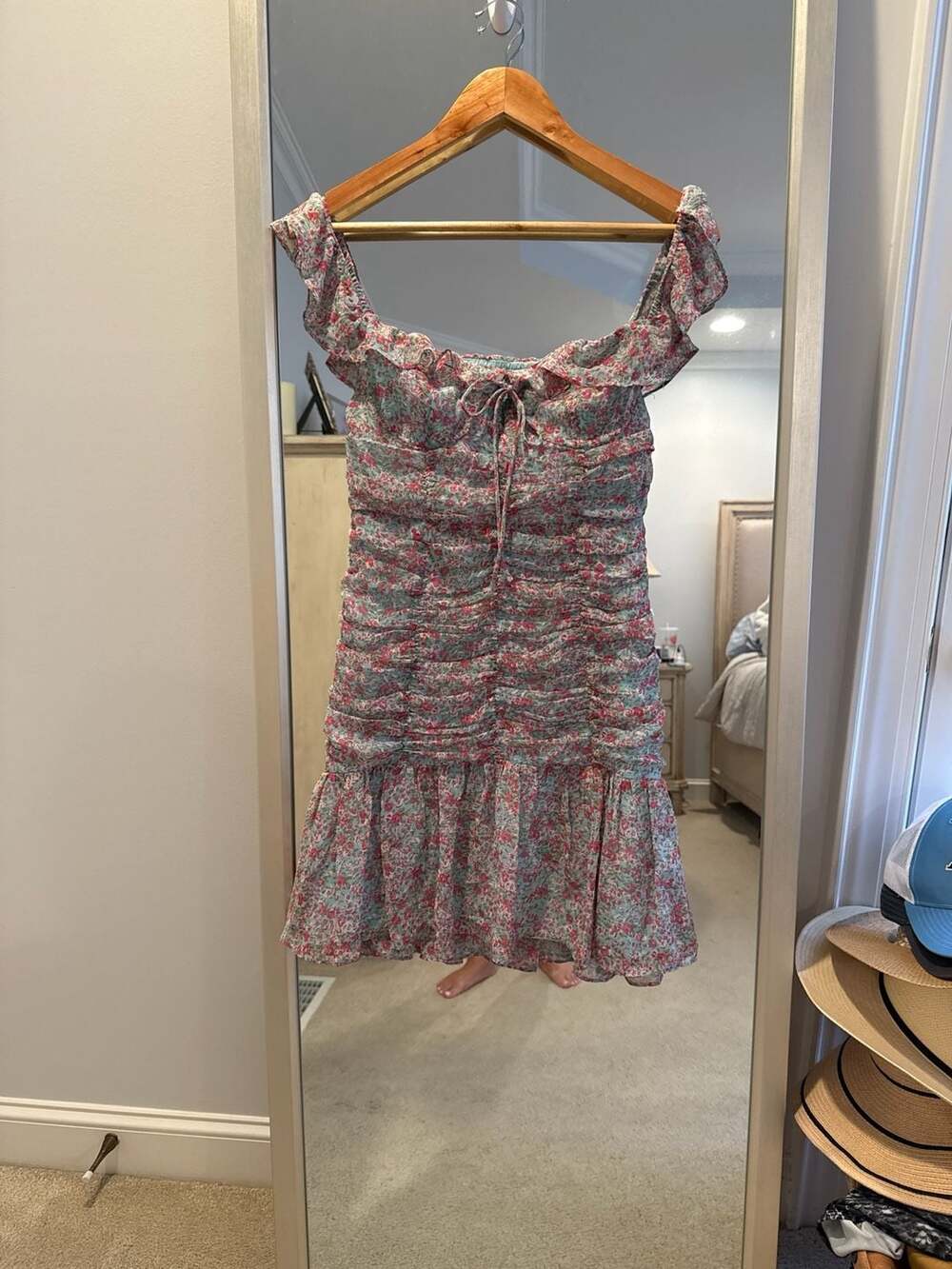 ASTR The Label Teal Pink Floral Ruched Off-Shoulder Mini Dress (44) - Picture 2 of 7